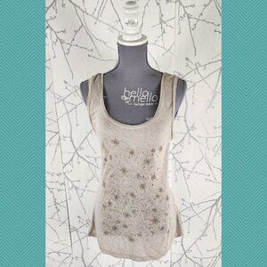 MEC Beige Floral Printed Tencel Linen Blend Scoop Neck Tank